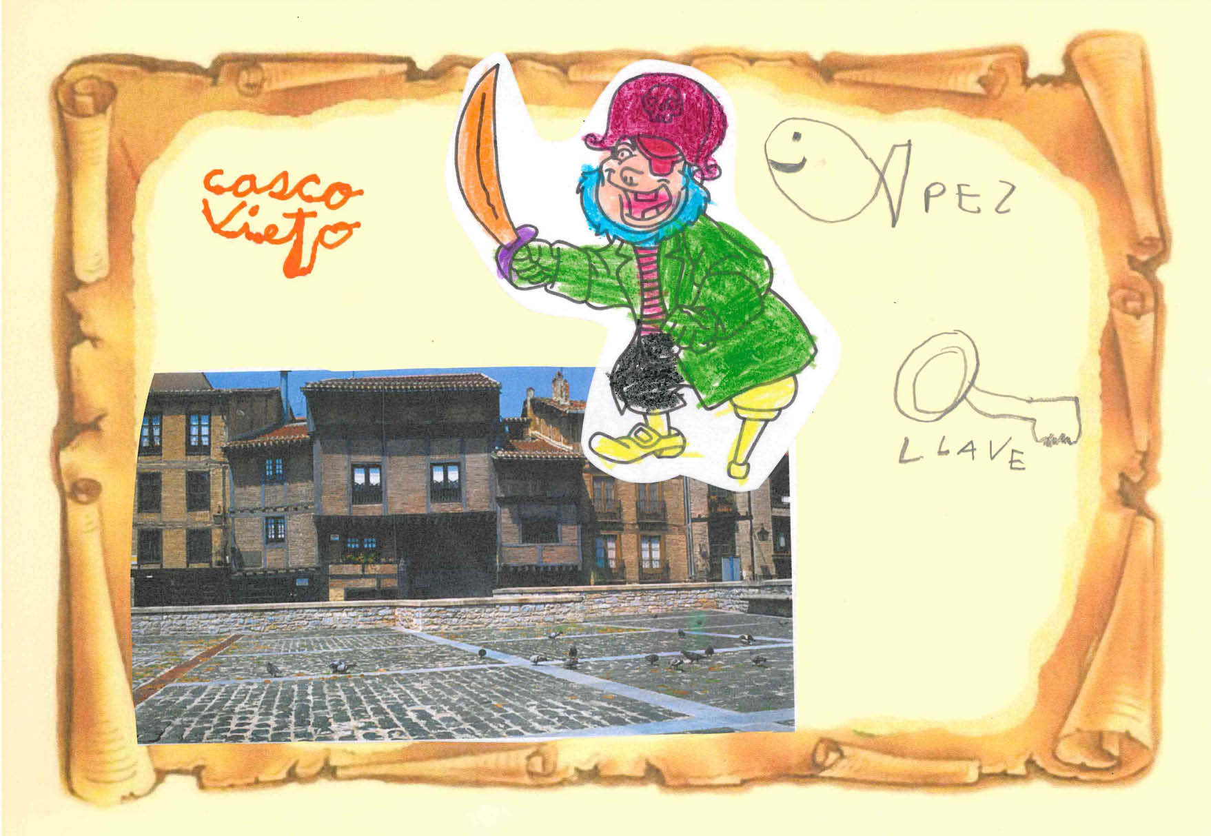 Dibujo en el que aparece de nuevo El Temido  coloreado y una foto del casco viejo de Vitoria y a la derecha la silueta de un pez y una llave 