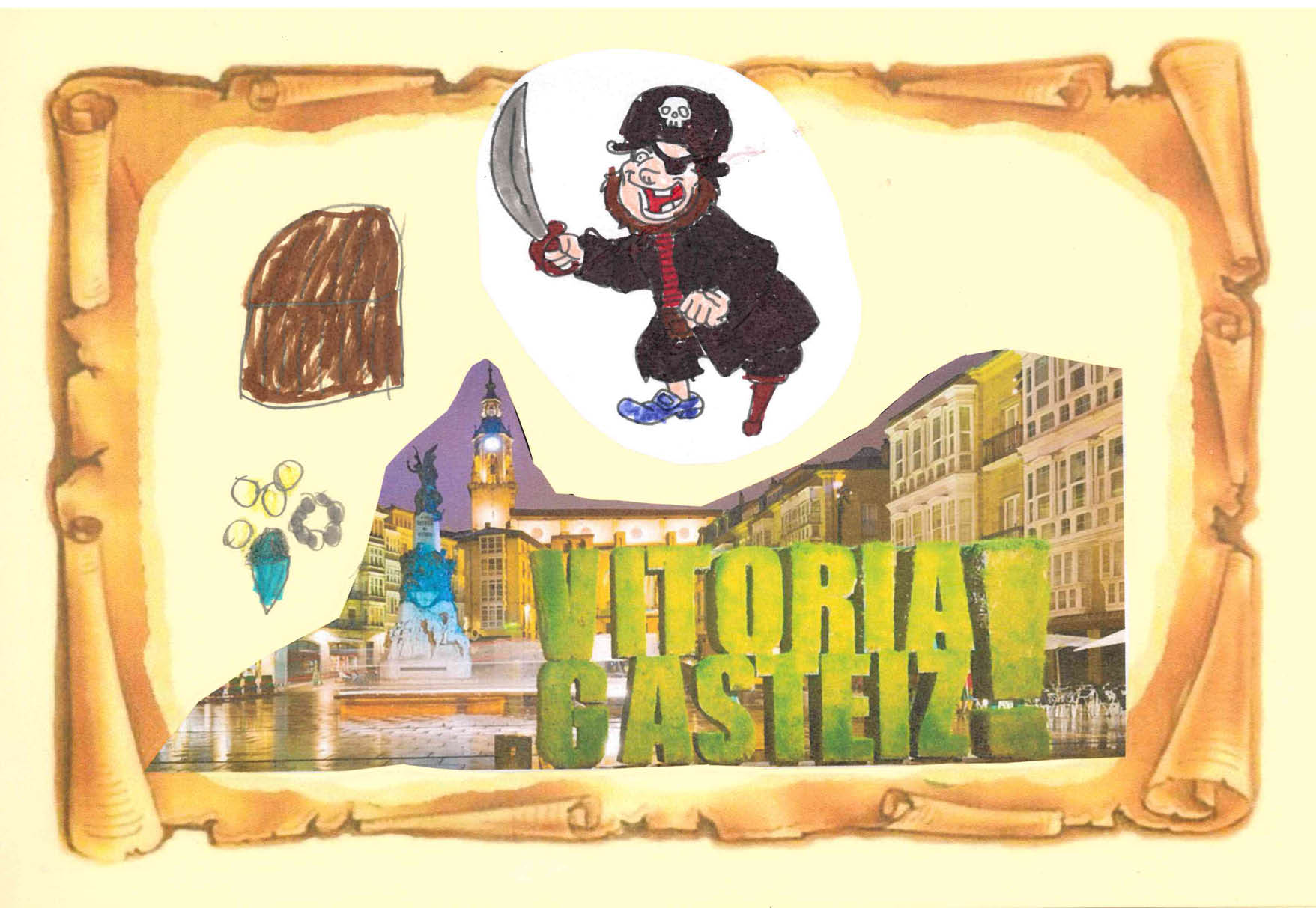 El Temido de nuevo con su espada y con lo que parece ser las joyas de un tesoro y debajo una fotograf a de la plaza de la Virgen Blanca de Vitoria- Gast is  En esta fotograf a se ven edificios a un lado  la torre al fondo y en el centro la estatua de la plaza  Tambi n aparecen las palabras Vitoria-Gasteiz