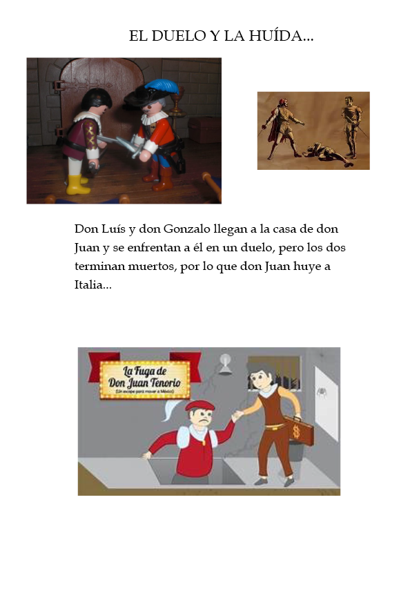 Dibujo de Sancho Panza montando a caballo y con otra vestimenta diciendo  Ya he llegado   En la parte superior derecha hay dibujada una casa en la que pone ASPAS y a la izquierda un peque o molino dibujado 