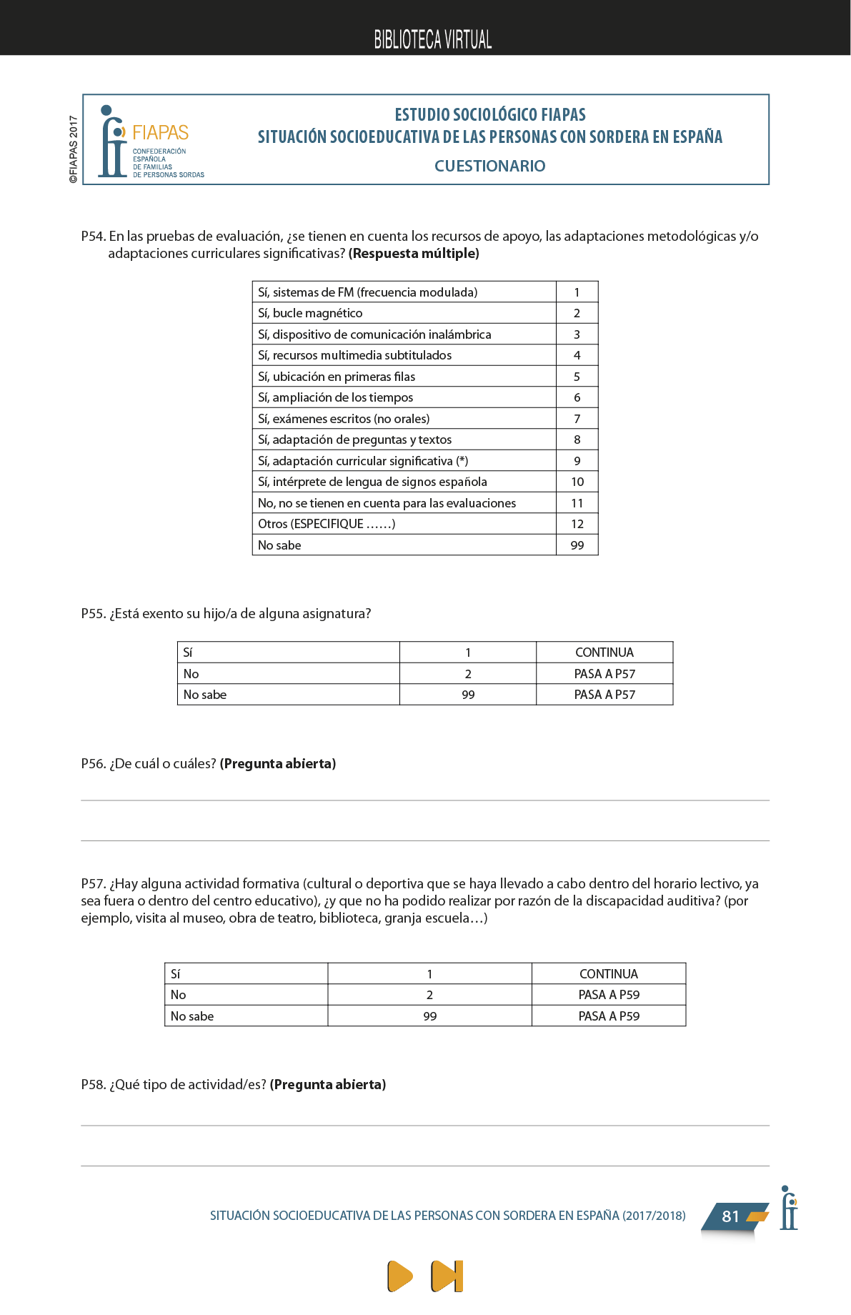 La presente publicación contiene los resultados más significativos entre los encontrados en el Estudio Sociológico promovido por FIAPAS, en el marco del convenio de colaboración firmado en 2017 con el entonces Ministerio de Educación, Cultura y Deporte y, en 2018, con el actual Ministerio de Educación y Formación Profesional, que ha contado asimismo con la cofinanciación de la Fundación ONCE  