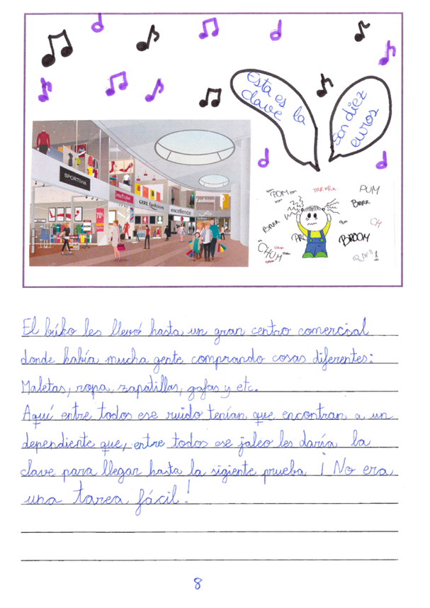 Vi eta en la que aparece una fotograf a ilustrada de un centro comercial con gente paseando con bolsas en la mano   A la derecha hay una ilustraci n de un ni o o ni a ech ndose las manos a la cabeza, de la que salen letras de onomatoeyas de sonidos   En la parte superior hay dos bocadillos con texto y notas musicales dibujadas 