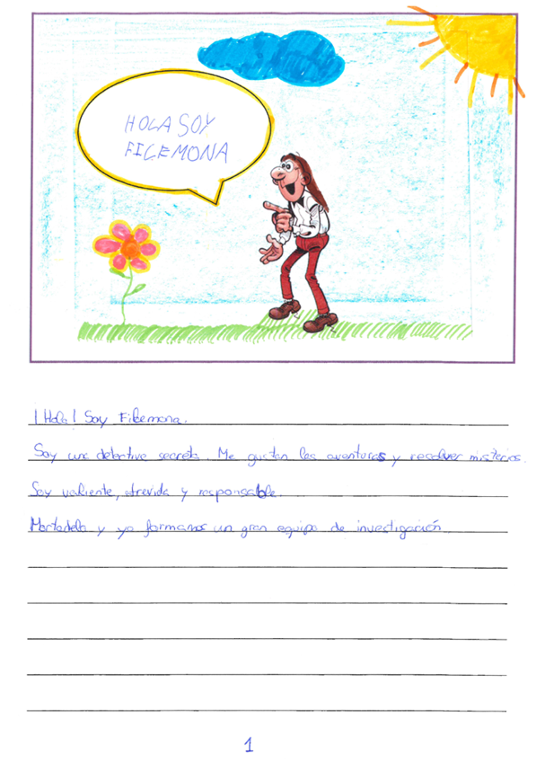 Vi eta en la que aparece una ilustraci n con el personaje de Filem n con pelo largo dibujado y del que sale un bocadillo con un texto: Hola soy Filemona Alrededor hay dibujos del cielo, sol y nube, c sped y una flor 