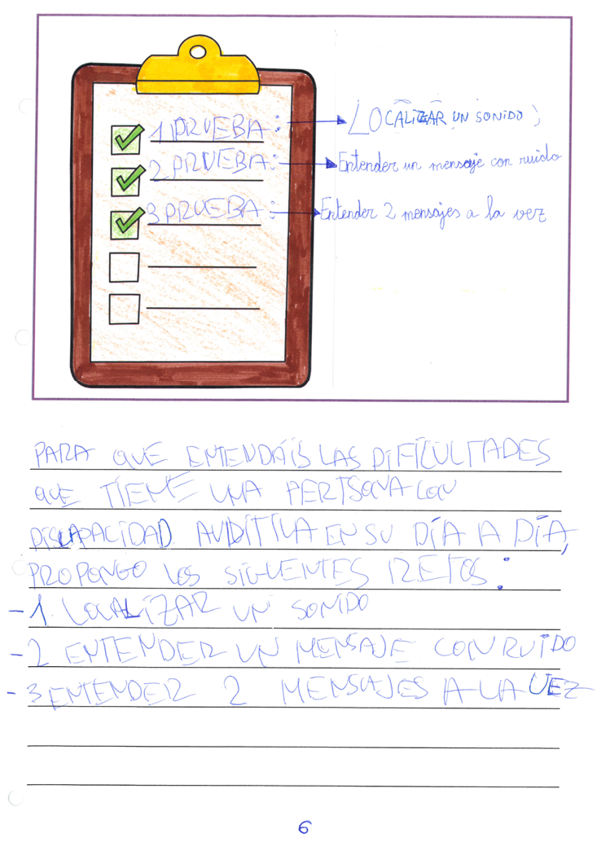 Vi eta en la que se representa un folio en una carpeta con pinza superior  En el centro aparecen escritas las tres pruebas a realizar 