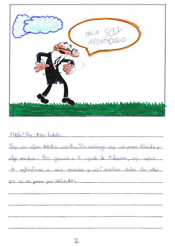 Vi eta en la que aparece Mortadelo con un bocadillo que dice: Hola Soy Mortadelo  Hay c sped dibujado y nubes