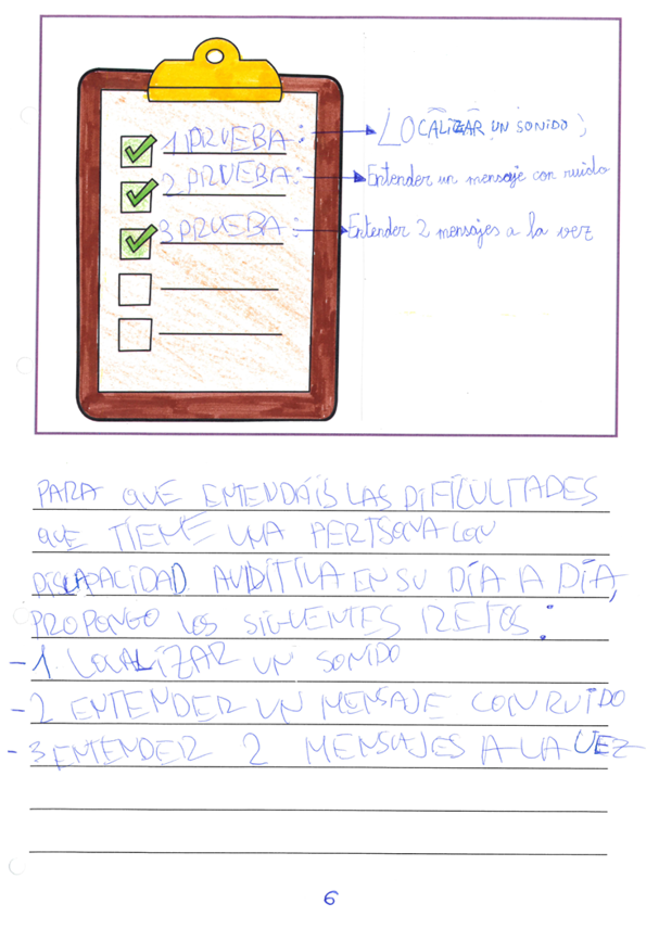 Vi eta en la que se representa un folio en una carpeta con pinza superior  En el centro aparecen escritas las tres pruebas a realizar 