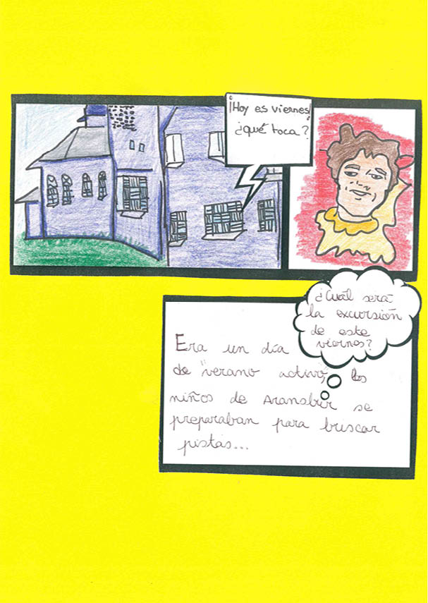 Viñeta en la que se representa una casa, mediante un dibujo de la fachada y el lateral de una gran casa baja, coloreada de azul  En la parte de la derecha hay un dibujo de la cara de una mujer castaña