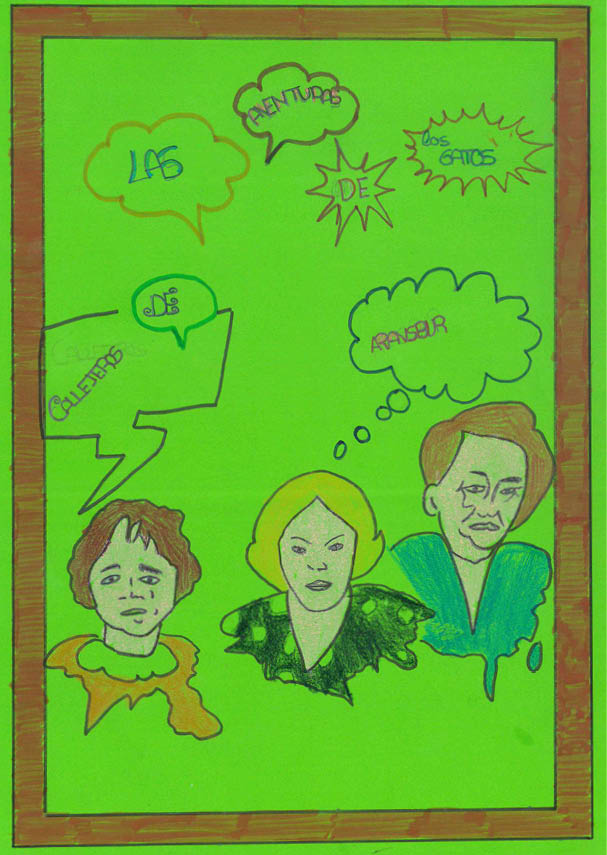 Tres mujeres dibujadas, hasta la altura de los hombros y en la parte superior el título se representa con viñetas  La mujer de la izquierda es castaña con el pelo corto y con camisa marrón, la mujer del centro tiene el pelo rubio con melena hasta los hombros y la de la derecha es castaña con el pelo corto y frunce el ceño  