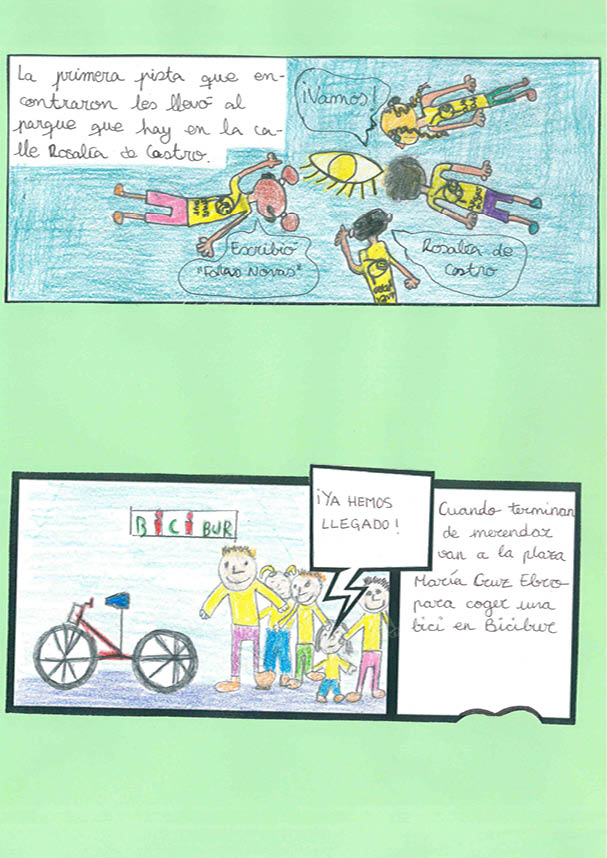 Hay dos dibujos en la página, en el primero se representa a 4 niños de pie de espaldas hablando entre ellos y con camiseta amarilla que tiene escrito ARANSBUR en la espalda  La niña de la parte superior tiene trenzas largas y lleva dos implantes cocleares  Después hay un dibujo de espaldas de un niño o niña con el pelo moreno corto, el tercero igualmente es moreno con el pelo corto, y el dibujo de la derecha parece que lleva un implante coclear  En el centro de los niños hay un dibujo de un ojo  En el dibujo de la parte inferior aparece el dibujo de 5 niños de pie y mirando al frente, de diferentes alturas y una bicicleta  