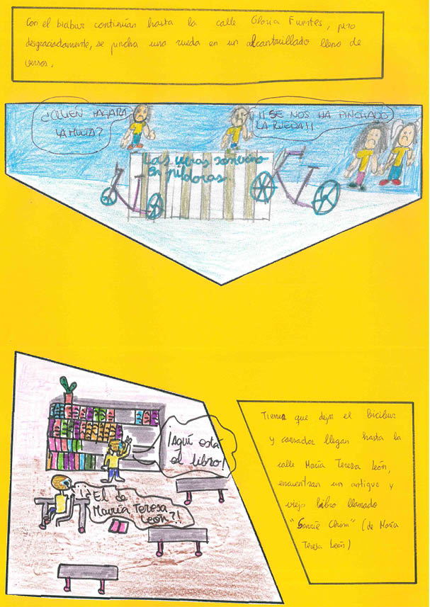 Hay dos dibujos en esta pagina, en la parte superior se representan 4 niños con aspecto triste porque se les ha pinchado la rueda de la bici, están de pié de frente con la boca con expresión de tristeza y hay dos bicicletas dibujadas   En el dibujo de la parte inferior se representan dos niños en una biblioteca, uno está sentado en una silla y tiene delante una mesa y otro está de pié buscando un libro y con la mano en alto  