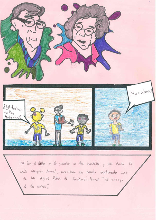 En el dibujo de la parte superior se representa el busto de un hombre y una mujer, ambos de avanzada edad, el hombre tiene el pelo con canas, gafas y expresión sonriente  Igualmente la mujer tiene canas y sonríe  En la parte inferior hay dos dibujos con viñetas, el de la izquierda representa a 3 niños, uno de ellos con un libro en la mano y los otros a los lado hablando  Y en la parte de la izquierda hay un dibujo de un niño que está hablando y que comenta  qué interesante   