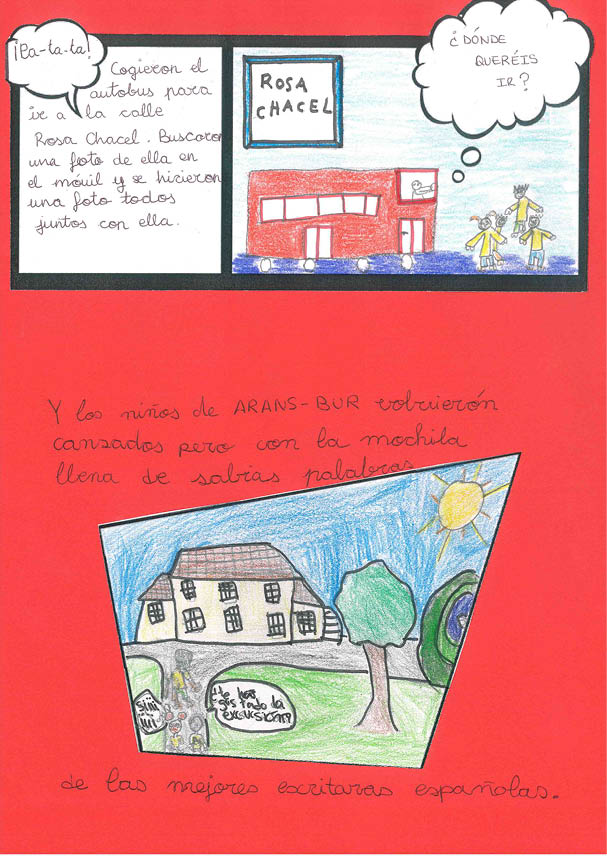 Hay dos dibujos, en el de la parte superior hay dibujado un edificio coloreado de rojo, con un niño asomando por la ventana que habla con otros tres niños que están en la calle   En el dibujo de la parte inferior se representa un paisaje, tres niños caminando hacia un edificio, en la parte de la izquierda hay un árbol, aparece el sol dibujado, y van caminando por el camino entre la hierba 