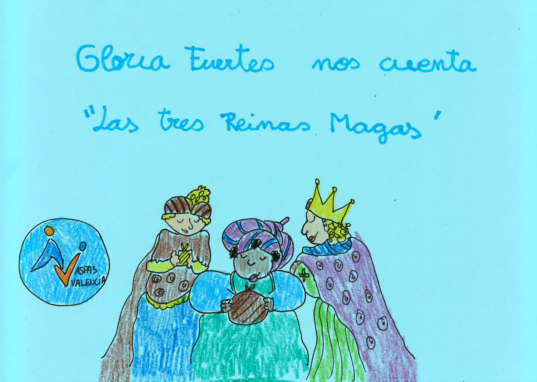 dibujadas las tres reinas magas con largos trajes y capas, en la parte central una de ellas lleva un turbante en el pelo y una bolsa en la mano, a su izquierda la reina maga lleva una caja dorada en la mano, y a la derecha la reina dibujada est de perfil. En los 3 dibujos la expresi n de las reinas es tranquila y sonriente.