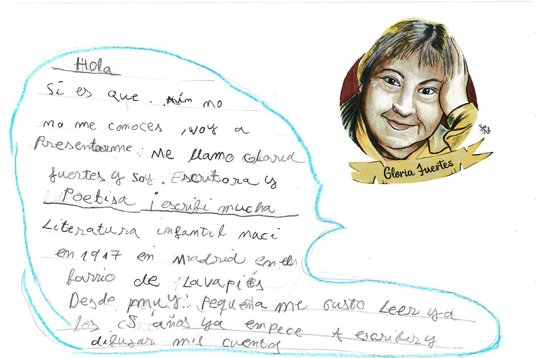 ilustraci n de Gloria Fuertes, aparece su rostro sonriente y con la mano en un lado de la cabeza. Solo aparece hasta el cuello. Debajo el nombre de la autora.