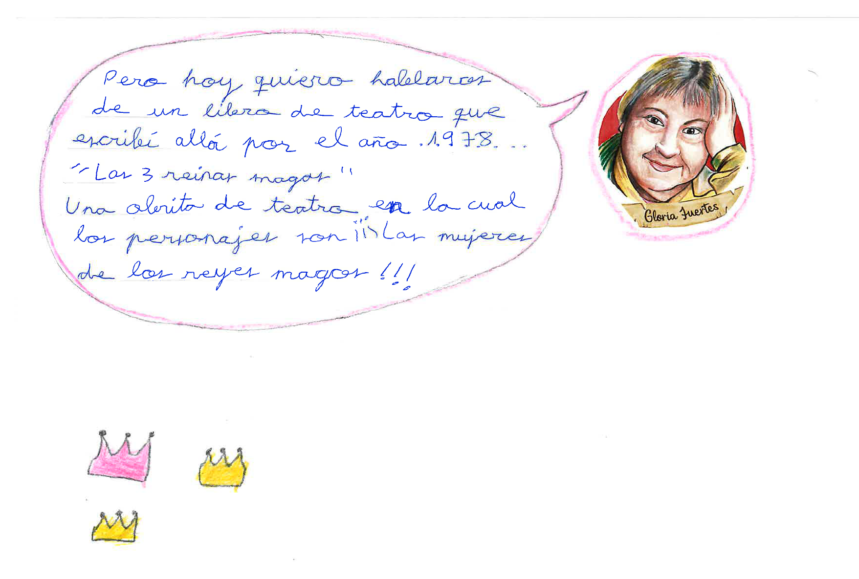 de nuevo est la ilustraci n de Gloria Fuertes, y a la izquierda hay un dibujo infantil con tres coronas, dos doradas y una de color rosa.