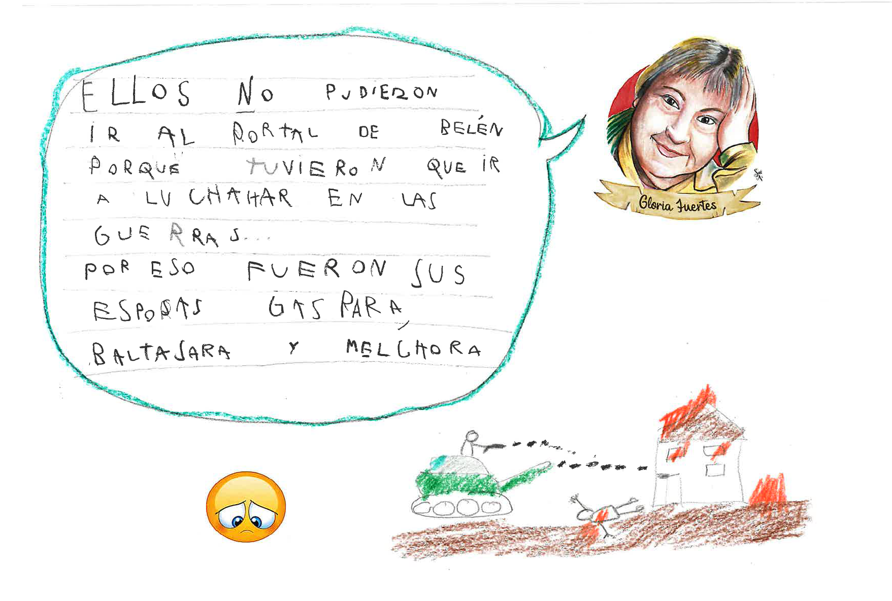 dibujo infantil esquem tico de lo que parece ser un tanque disparando, una casa al fondo y una persona tumbada en el suelo.