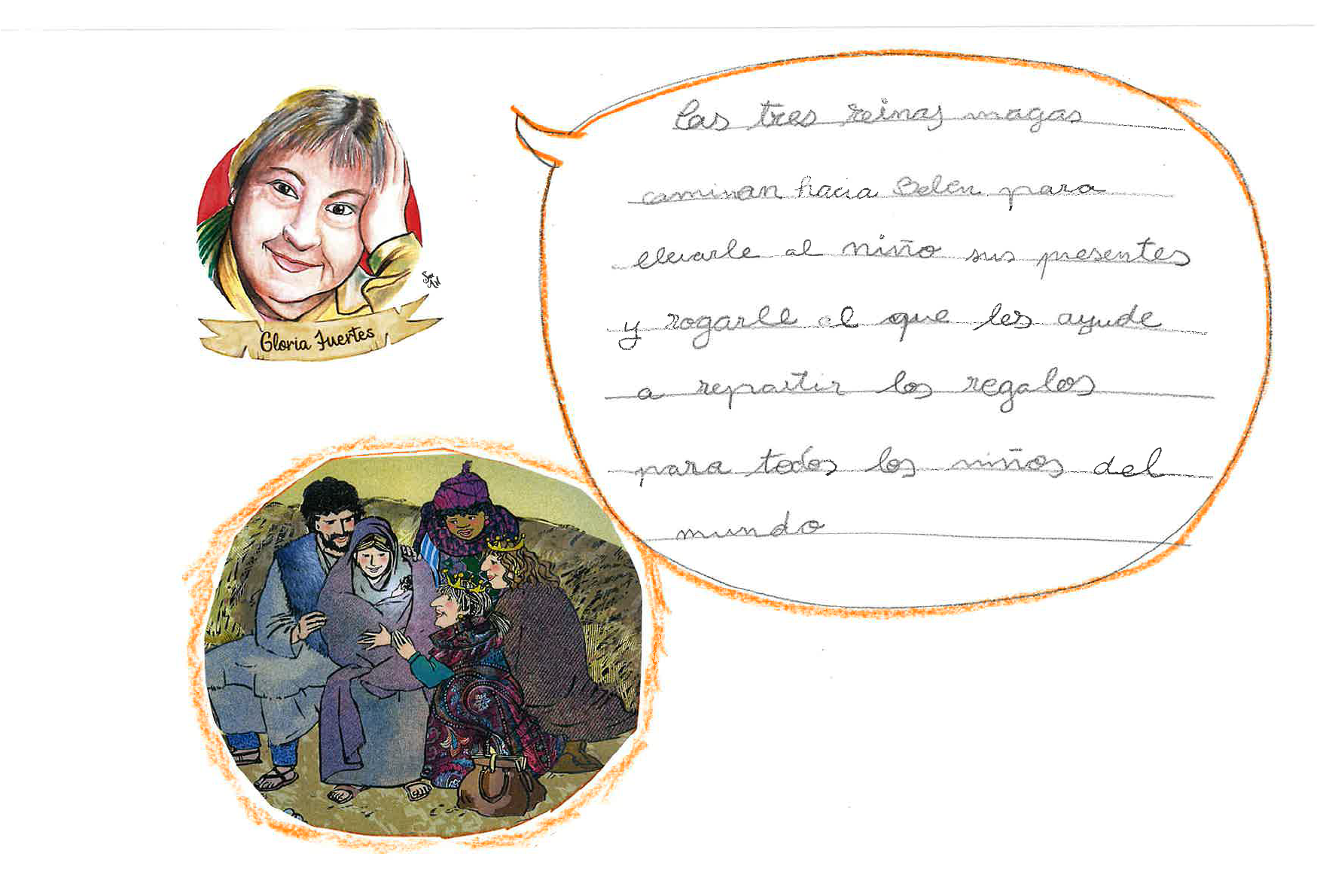 de nuevo aparece la ilustraci n de Gloria Fuertes y debajo una ilustraci n de las tres reinas magas con dos personajes que parecen representar a la virgen y San Jos con el ni o en brazos.