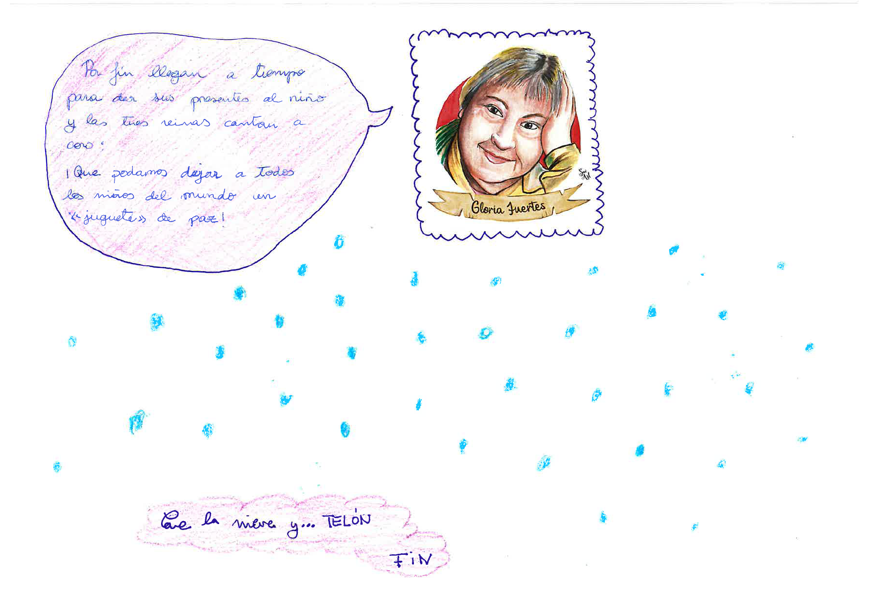 de nuevo la ilustraci n de Gloria Fuertes, debajo hay puntos azules decorando la p gina