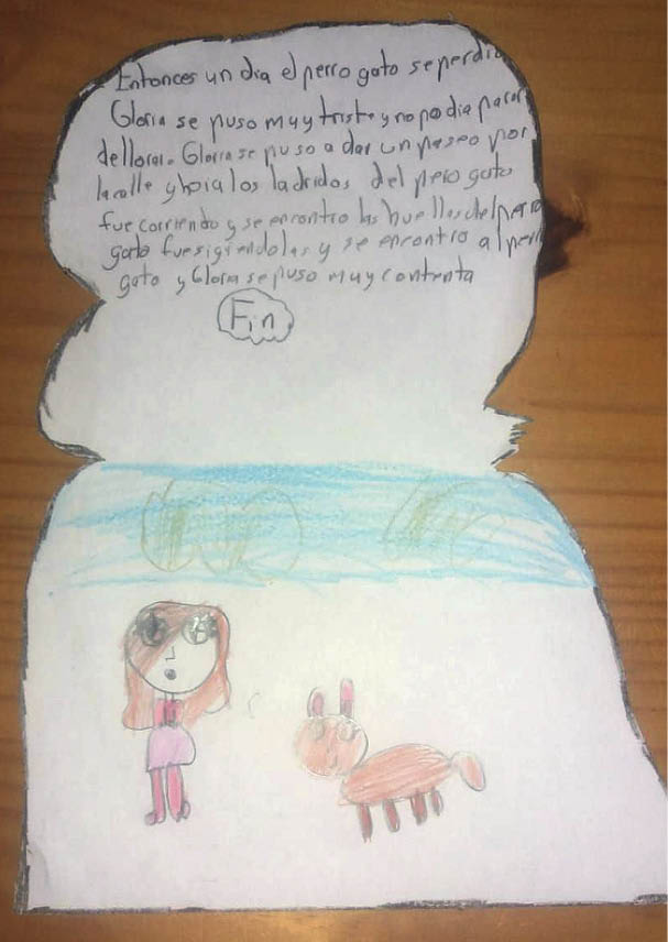 Dibujo infantil de una ni a de frente y el perrogato a la derecha, con el cielo azul y nubes 