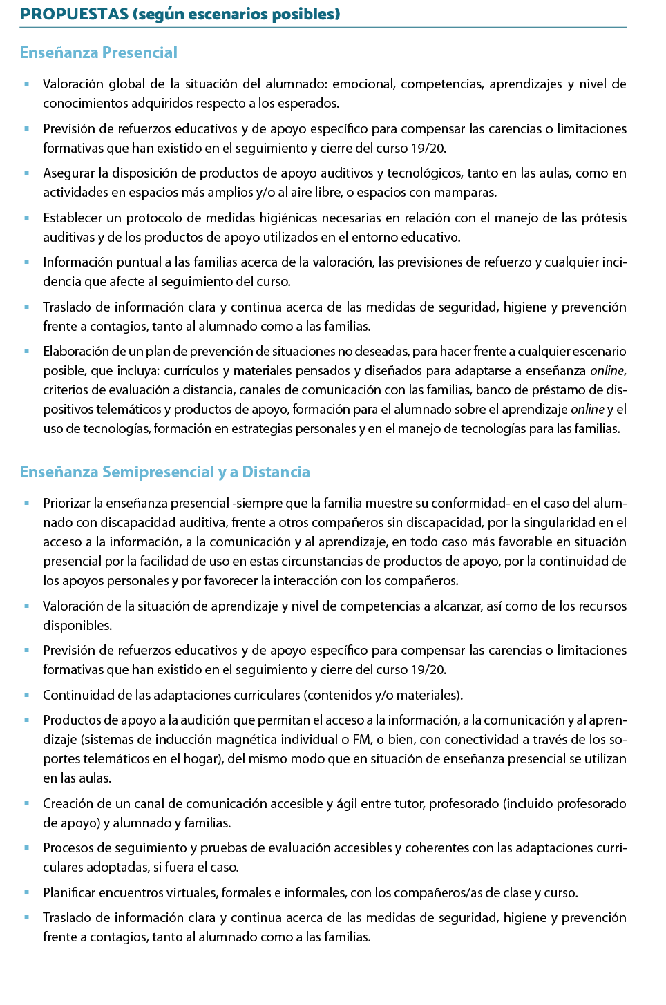 PROPUESTAS (según escenarios posibles)  Enseñanza Presencial    Valoración global de la situación del alumnado: emoci   