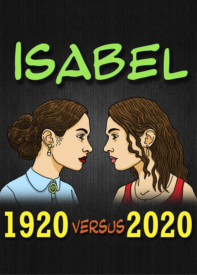 En la portada se muestran dos dibujos de mujeres de perfil, ambas son la misma mujer pero vestida de forma diferente  Est n una frente a otra, la de la izquierda est  vestida con ropa de la  poca, lleva el pelo recogido en un mo o, largos pendientes de oro y una camisa azul con un broche en el cuello   La mujer de la derecha est  vestida como en la  poca actual, con una camiseta de tirantes roja, el pelo suelto y un fino colgante en el cuello   Debajo aparece el texto 1920 versus 2020, recreando que son dos im genes de la misma mujer en  pocas distintas 