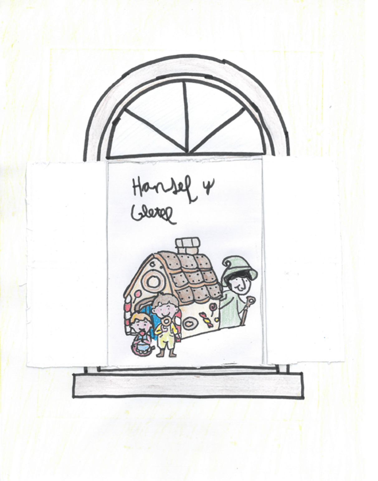 La ventana de Hansel y Gretel. Hay un dibujo infantil representando una puerta que se abre, dentro aparacen dibujados Hansel y Gretel, delante de la casita de chocolate y comiendo golosinas. Detr s de la casa, y vestida de verde y con bast n est la bruja.