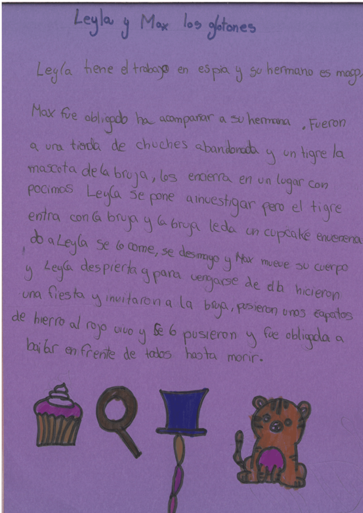 En la parte inferior de la p gina hay 4 dibujos infantiles, a la derecha un pastel de fresa con nata por encima, una lupa marr n, un sombrero m gico azul del que sale un pa uelo de colores y un tigre peque o de color naranja y que est  sentado.