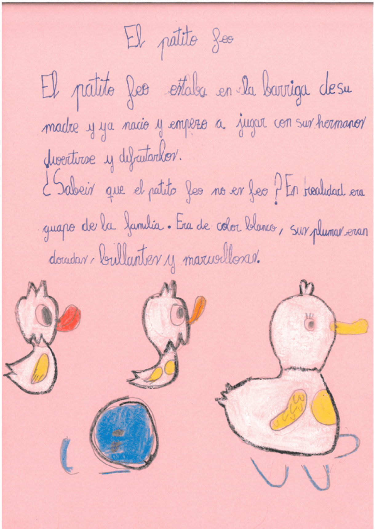 En la parte inferior de la p gina hay dibujados 3 patos, uno grande a la izquierda y dos m s peque os, los 3 son de color blanco con pico y patas amarillos, y est n nadando. En la parte central de la hoja hay un huevo de color azul.