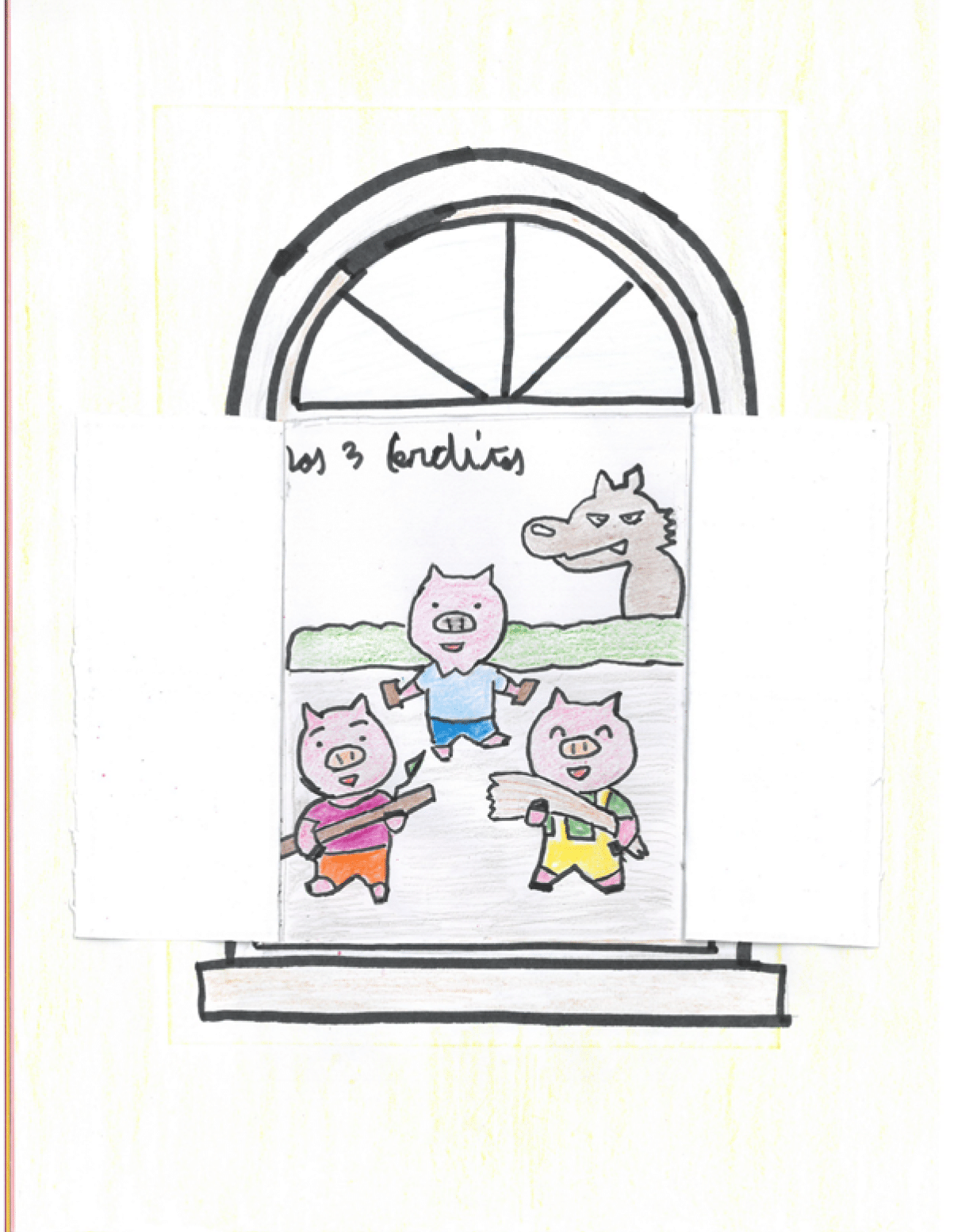La ventana de Los Tres Cerditos. En la ventana est n dibujados los tres cerditos, de frente, sonriendo, el de la izquierda lleva una camiseta rosa y pantal n naranja y en la mano lleva una herramienta de madera, en el centro el cerdito est vestido de azul y el de la derecha lleva un peto amarillo, camiseta verde y una herramienta en la mano. 