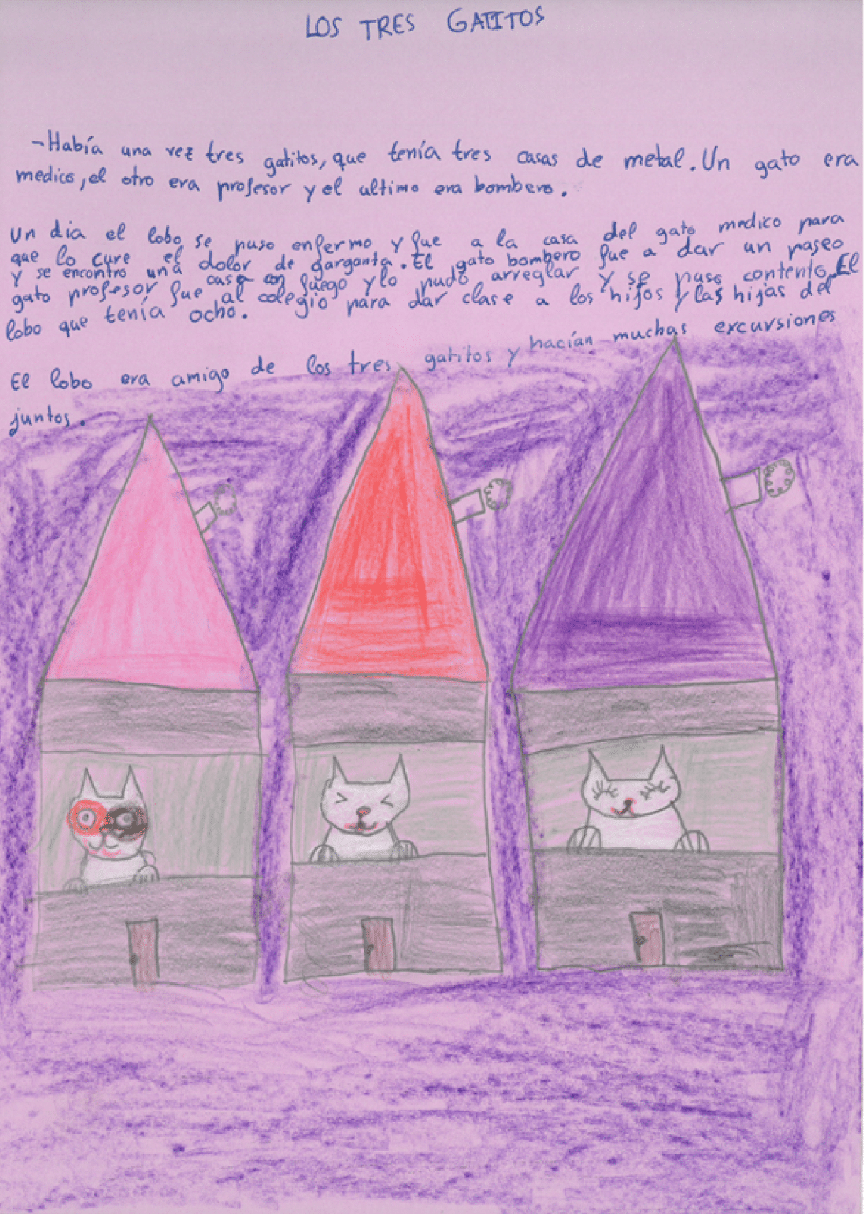 En esta p gina hay una dibujo infantil que representa tres casitas altas, cada una con un tejado puntiagudo de un color distinto. Y en cada ventana, un gatito de frente, todos de color blanco. El de la izquierda lleva un parche en el ojo, como si fuera un pirata, el de en medio sonr e sonre a con ojos cerrados y el de la derecha sonr e aun m s y tiene largas pesta as.