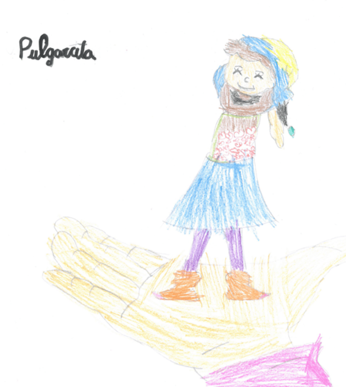 Dibujo infantil en el que una mano grande sostiene a una ni a diminuta llamada Pulgarcita. Ella lleva un gorrito amarillo, una falda azul , una camiseta marr n y unas peque as botas marrones y sonr e