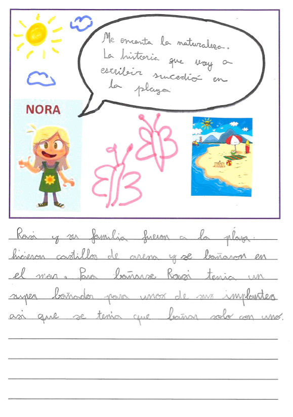 dibujo de Nora, con dibujos infantiles del sol, nubes y mariposas, de la que sale una vi eta con un bocadillo con lo que dice, y al lado un dibujo de una playa, la arena, una sombrilla y la orilla del mar 