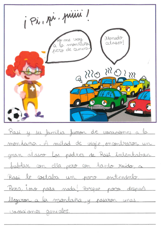 Dibujo de Irene mir ndote dice dos frases y se queja del atasco de coches, de colores, que se ve a su lado derecho