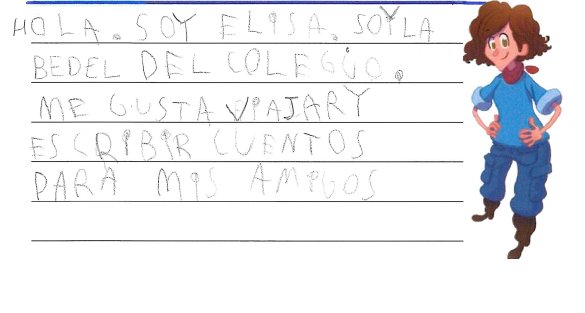 dibujo de Elisa   Una mujer de pelo casta o y media melena, vestida con jersey y pantal n azul y manos en la cintura, y al lado, el texto 