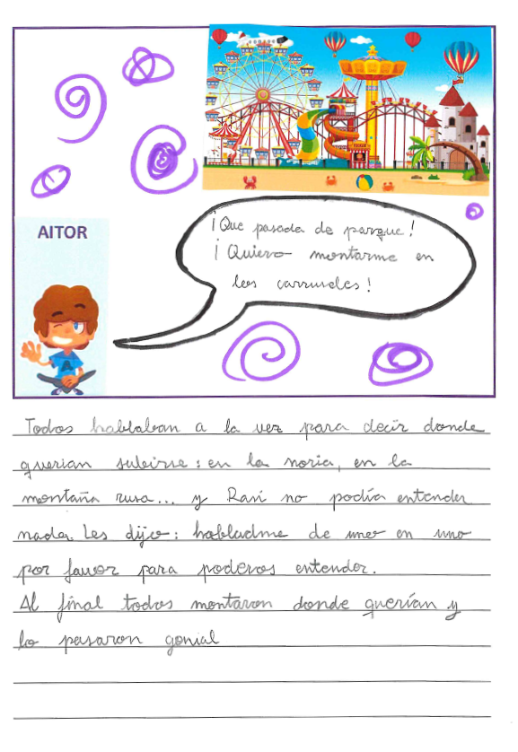 dibujo de Aitor con vi eta con texto, y en la parte superior dibujo de un parque de atracciones con noria, globos  y m s atracciones 