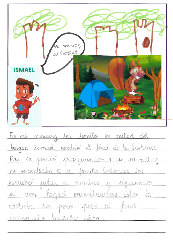 Dibujo de Ismael con un bocadillo con el texto que dice y dibujos infantiles de  rboles alrededor, y a la derecha dibujo de la ardilla Rasi en el bosque, est  encima de un tronco de pi , hay una tienda de campa a azul montada a la izquierda de la ardilla y delante una hoguera 