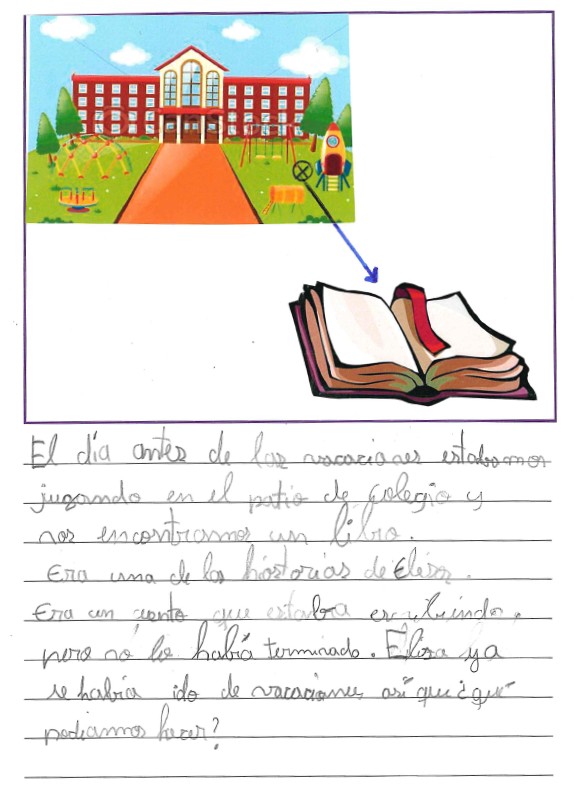 Dibujo de la fachada de un colegio, con el jard n y columpios y desde el jard n sale una fecha que va hasta un libro abierto con las p ginas en blanco