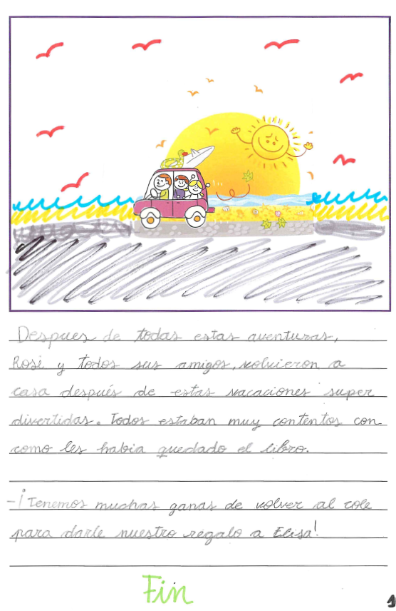 Dibujo de un coche e color morado en movimiento con 3 personas en el interior que se ven, al fondo un gran sol, y siluetas de p jaros 