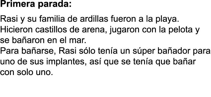 Primera parada: Rasi y su familia de ardillas fueron a la playa  Hicieron castillos de arena, jugaron con la pelota y   