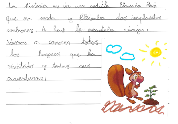 dibujo de la ardilla Rasi mirando una planta 