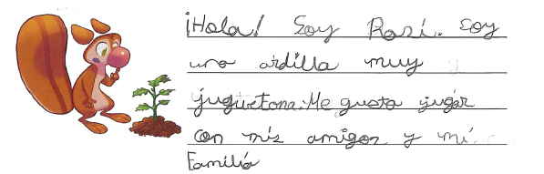 dibujo de la ardilla Rasi mirando a una planta, con el texto al lado  Se trata de una ardilla de color marr n con una gran nariz de color rojizo que est  en posici n pensativa  