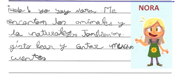 dibujo de Nora  Ni a rubia con pelo largo y vestido verde, de pi , mirando al frente y hablando, y al lado el texto de lo que dice 