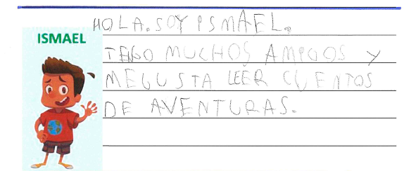 dibujo de Ismael  Es un ni o con el perlo corto y moreno, con camiseta marr n y que saluda con la mano, y el texto a la derecha