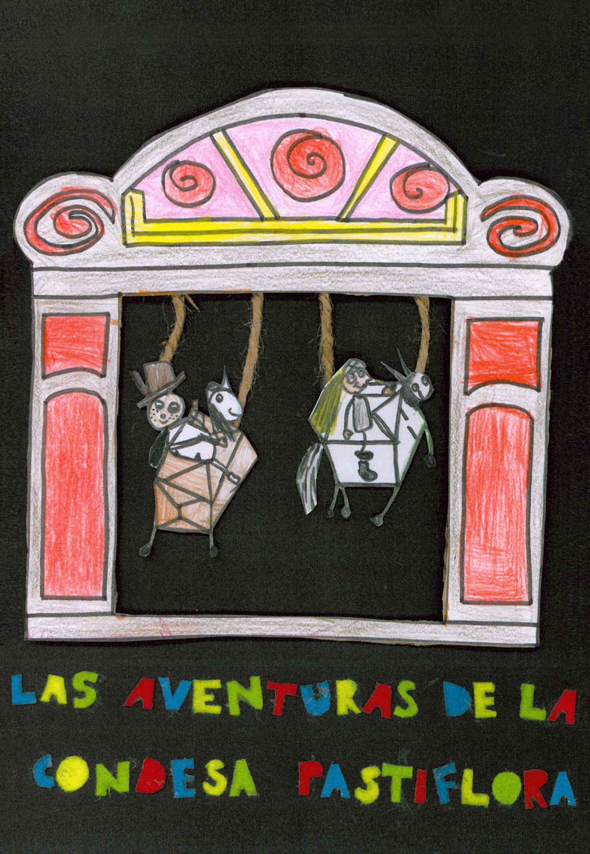 En la portada aparece el t tulo en letras coloreadas en varios colores y en la parte central de la portada con fondo negro hay dibujos infantiles pegados, representando un marco de un escenario, y los dos t teres participantes en la obra, a la derecha el escudero montado a caballo y a la izquierda el dibujo infantil de la condesa Pastiflora tambi n montando a caballo. En ambos dibujos se unen al marco con dos cuerdas, que van desde el personaje y el caballo al marco