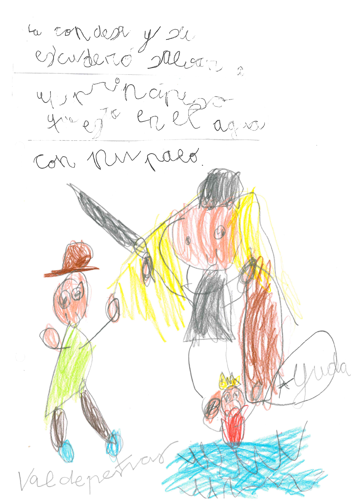 dibujo infantil de la condesa Pastiflora, con el pelo rubio, gorro y vestido negro, lleva un palo en la mano. A la izquierda est dibujado el escudero, con camiseta verde y zapatos azules, y al frente una persona en el agua pidiendo ayuda.