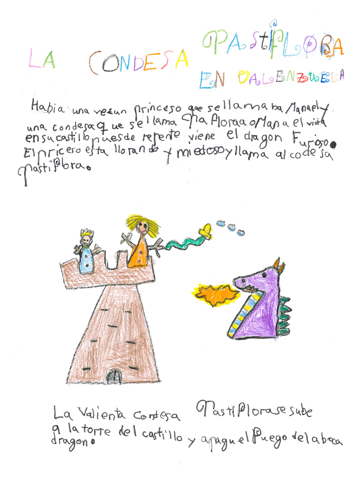 dibujo infantil representando a la Condesa Pastiflora y al princeso en lo alto de una torre, y blandiendo una espada hacia el drag n. El drag n est dibujado a la derecha, es de color morado y s lo se ha dibujado su cabeza y medio cuerpo y est  echando fuego por la boca.