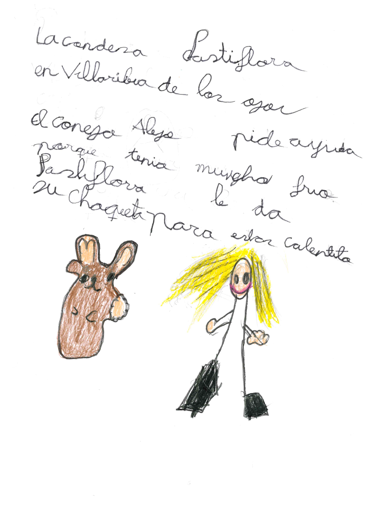 dibujo infantil de la condesa Pastiflora de pie y sonriendo y a su lado un conejo de color marr n.