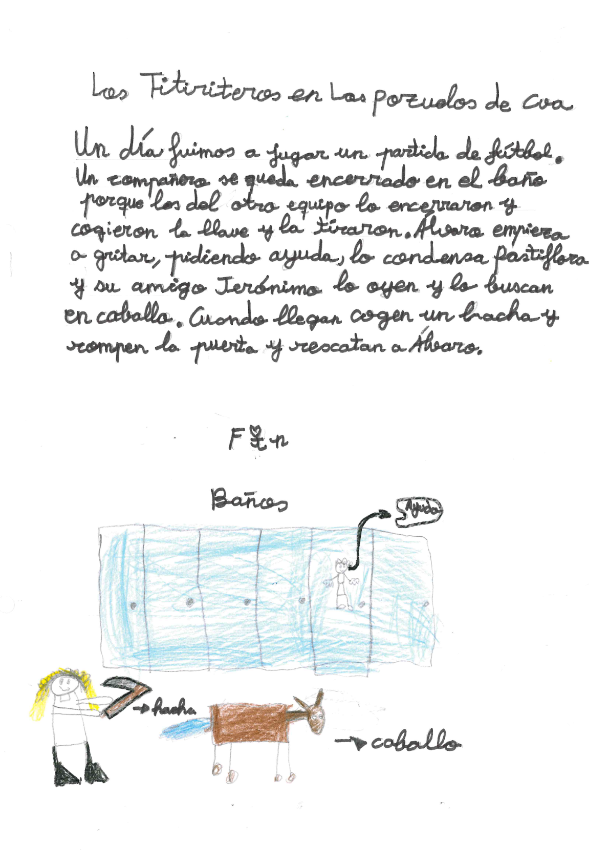 dibujo infantil de un campo de f tbol con la silueta de un ni o que pide ayuda, y abajo el dibujo de la Condesa Pastiflora con un hacha en la mano frente al caballo