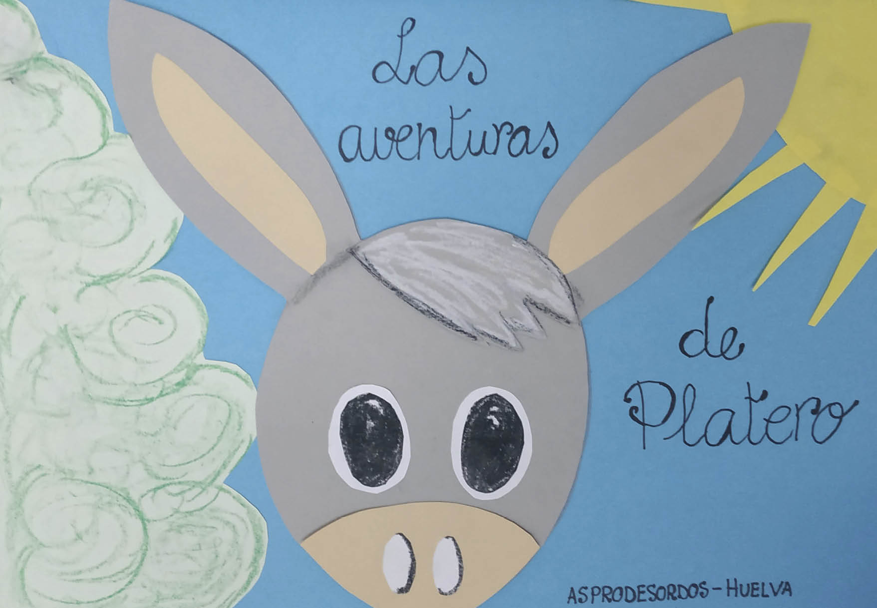 En la portada aparece un dibujo infantil de la cara del burrito platero, mirando de frente y de color gris  Tiene grandes ojos negros muy abiertos  En la parte de la izquierda hay un dibujo de una gran nube  En la parte superior derecha hay un dibujo de un sol
