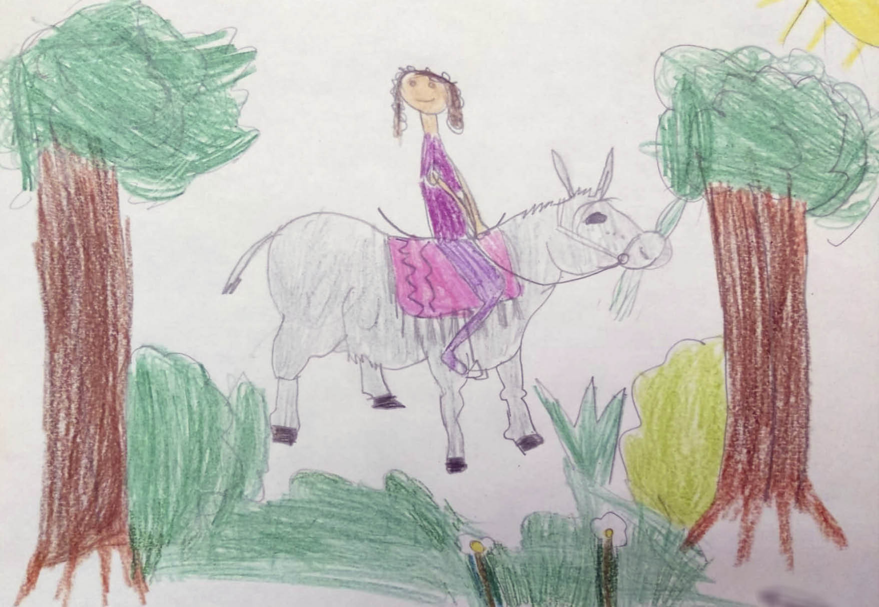 Dibujo infantil del burrito Platero con un jinete montado sonriendo, que parece ser un niño, se encuentra en un prado entre dos grandes árboles y está comiendo de la copa del árbol de la derecha 