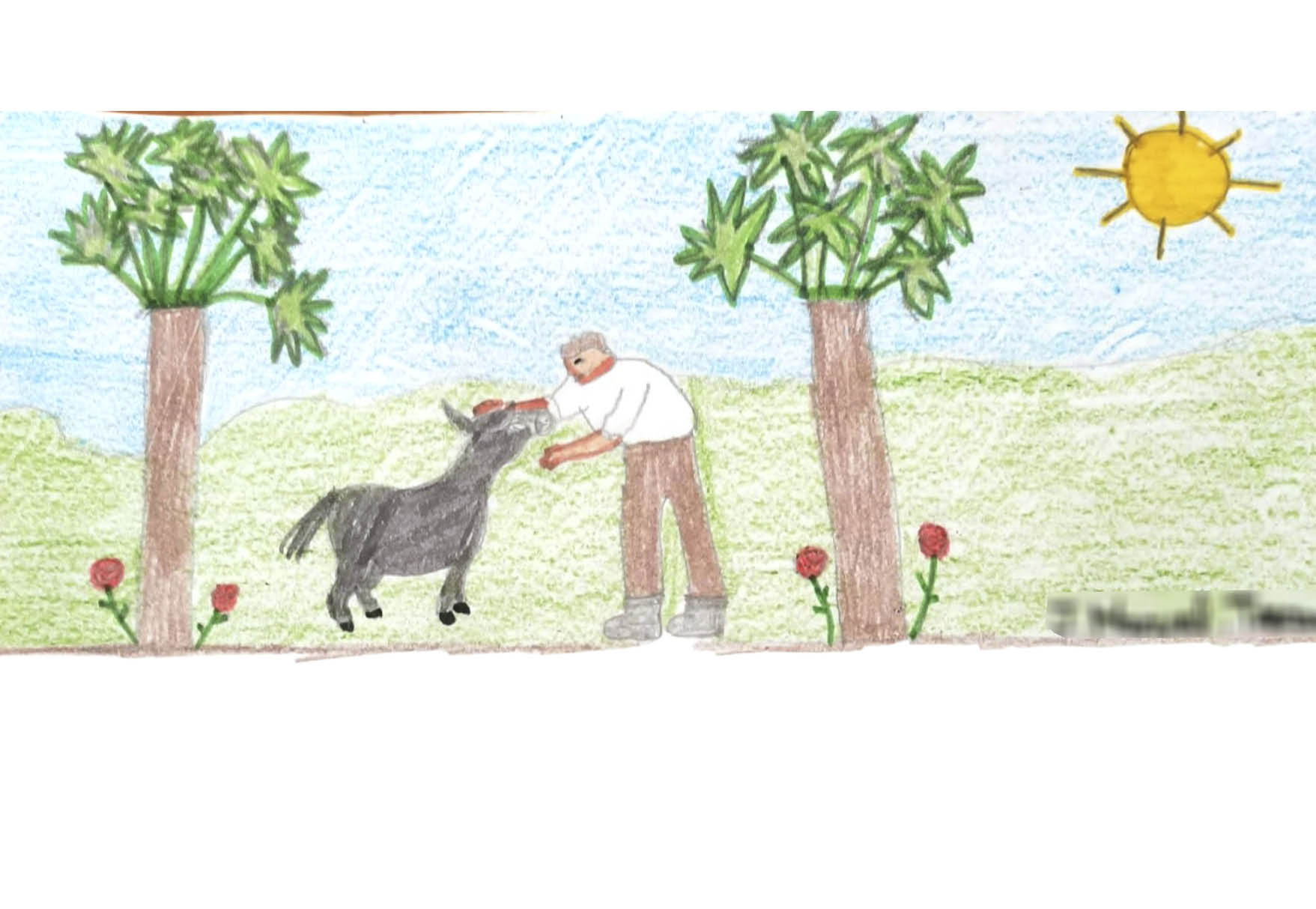 Dibujo infantil de un paisaje de un prado en el que el burrito Platero aparece de perfil y un hombre está acariciando su cabeza  A los lados hay un árbol dibujado y dos flores rojas  
